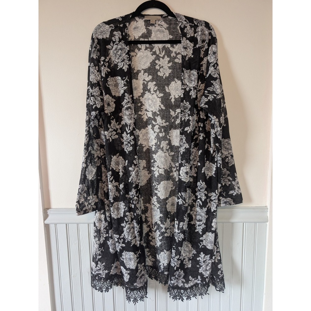 Womens Sheer Black Floral Kimono Size XL Lace Duster Cover Up Whimsigoth Boho